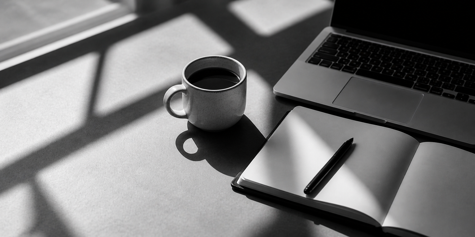 Café, cuaderno y ordenador preparados para una sesión de trabajo